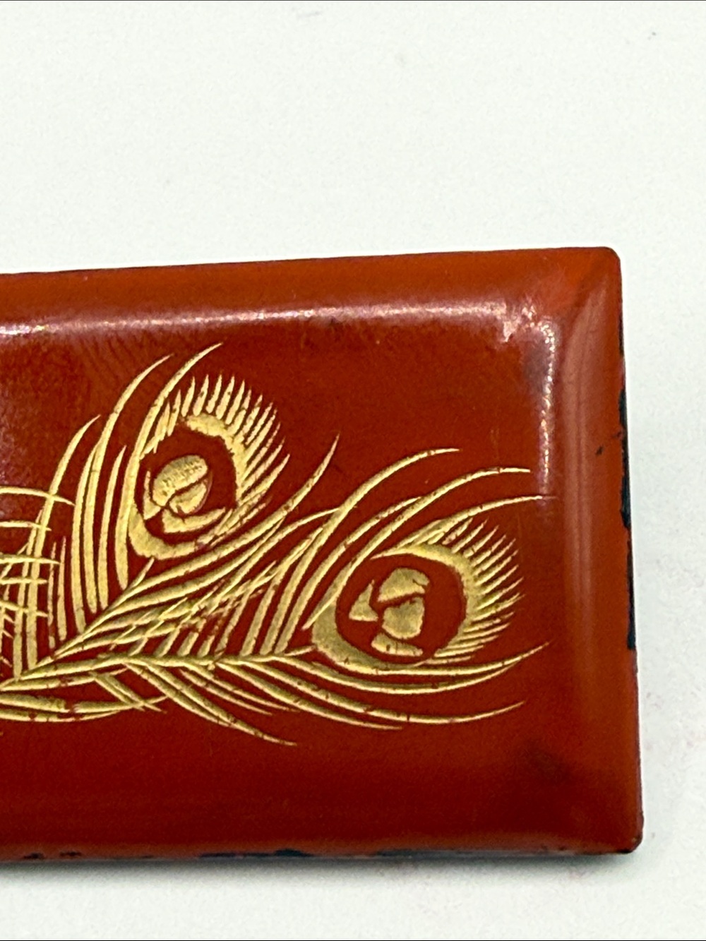 Antique lacquer Estate etched Peacock Feather Red Rectangular pin brooch deco - Picture 5 of 16